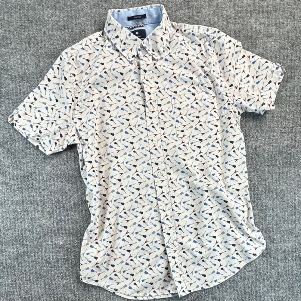 Ben Sherman Men’s Small Guitar Print Stretch Short Sleeve Button Down Shirt